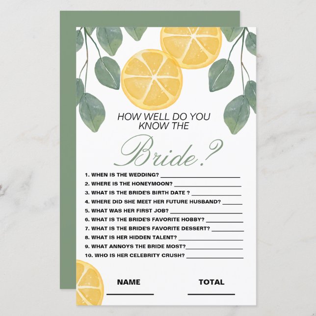 Connaissez bien la mariée Floral Bridal Game Lemon (Devant / Derrière)