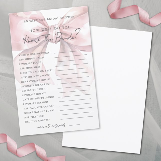 Connaissez la mariée Rose pâle Nœud papillon Jeu d (Know The Bride Blush Pink Bow Bridal Shower Game)