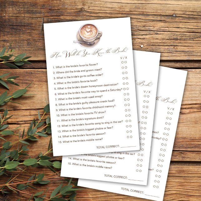Connaissez-vous bien le jeu de douche à café de la (How well do you know the bride love is brewing cappuccino coffee fall shower games cards)