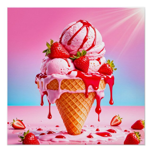 Conne crème glacée de fraise fondue Poster brillan (Devant)