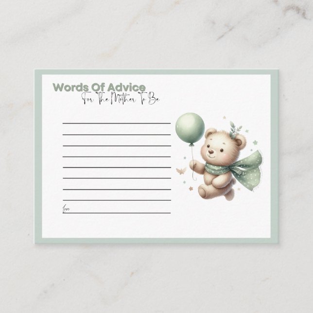 Conseil Baby shower Sage Ours Vert Mots de la carte de con (Devant)