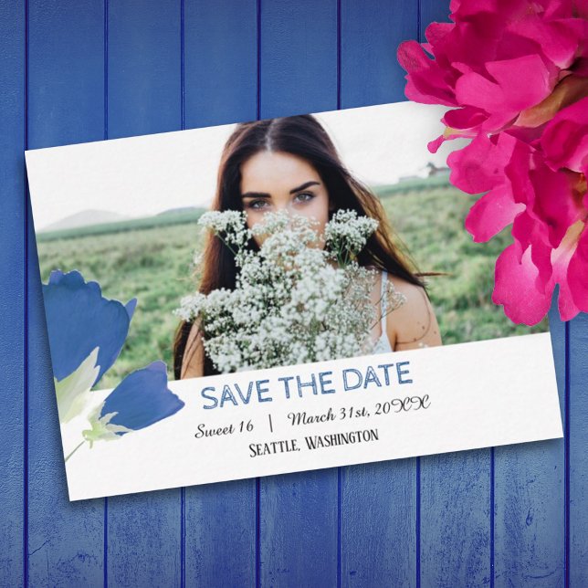 Conseil Blue Tulips, Floral Sweet 16 Enregistrer la carte  (spring springtime blue tulips birthday party for sweet 16 save the date card)
