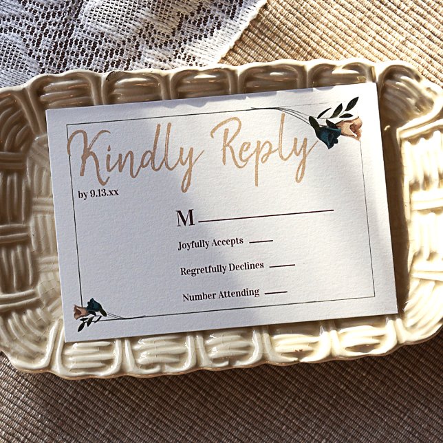 Conseil Carte de boîtier RSVP Rose turquoise et beige (Wedding RSVP Card with Decorative Botanical Border)