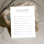 Conseil Carte de conseils et vœux de mariage sur mesure<br><div class="desc">Ces cartes de conseils de mariage personnalisées sont un ajout parfait à votre célébration. Les invités peuvent offrir des conseils sincères pour les mariés ou partager leurs meilleurs vœux de mariage. Idéal pour recueillir des notes mémorables lors d'une douche de mariée ou d'un mariage, ces cartes font un souvenir significatif...</div>