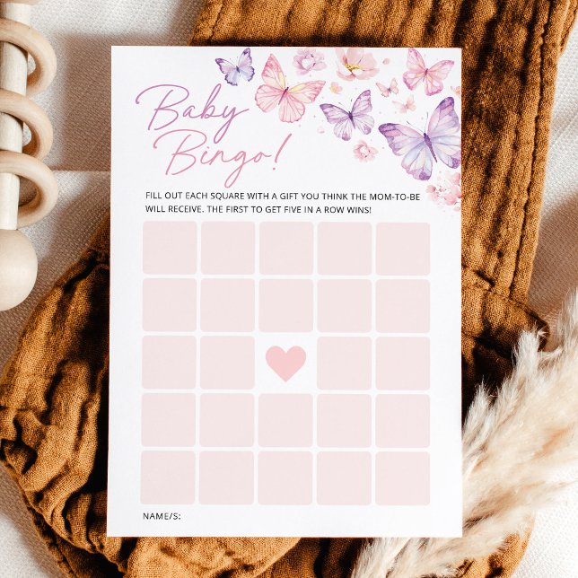 Conseil Carte de jeu de bingo pour baby shower Papillon Ro (Pink Purple Butterfly Baby Bingo Game Card, Baby Shower Butterfly Floral Bingo Activity Game Card)