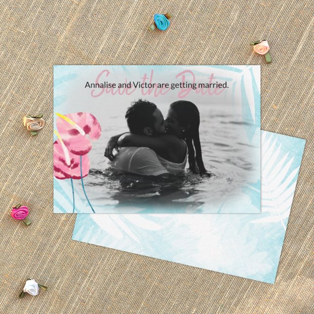 Conseil Carte de sauvegarde Tropical Pink Gumdrop Flowers (turquoise and pink tropical wedding save the date card, pink gumdrop flowers, hawaiian theme)