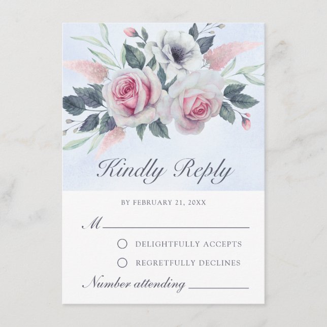 Conseil Carte RSVP bleu clair Rose couleur aquarelle roman (Devant)