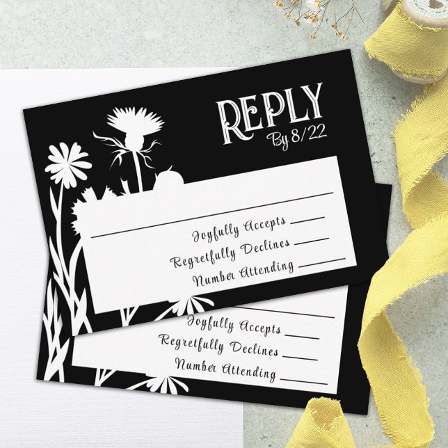 Conseil Carte RSVP Botanique Noire moderne (black floral rsvp, reply, response bat mitzvah rsvp enclosure card)