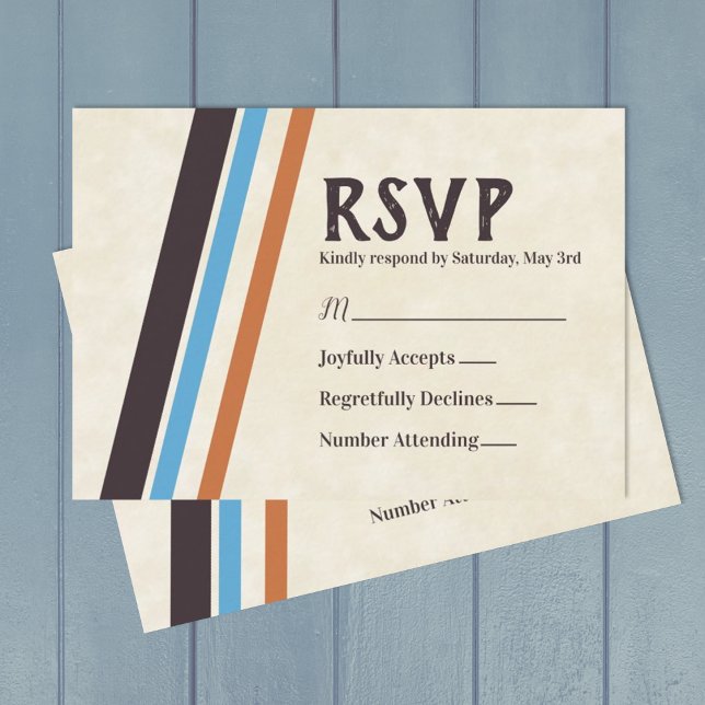 Conseil Carte RSVP Brown, Bleu Diagonal Stripes Bar Mitzva (Retro stylish bar mitzvah rsvp cards with caramel brown, blue, and eggplant purple stripes)