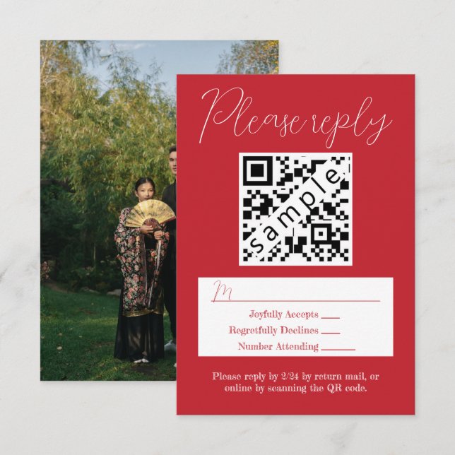 Conseil Carte RSVP de mariage rouge simple avec code QR (Devant / Derrière)