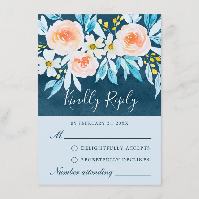 Conseil Carte RSVP florale couleur bleu marine moderne (Devant)