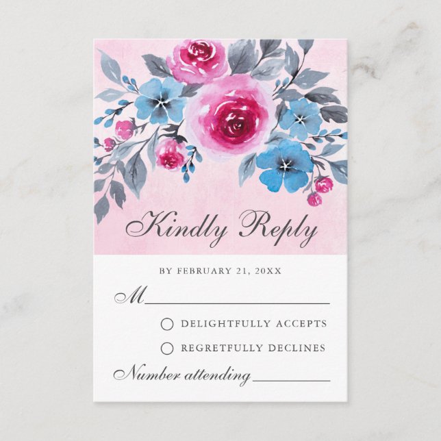 Conseil Carte RSVP Romantique rose et bleu Aquarelle (Devant)