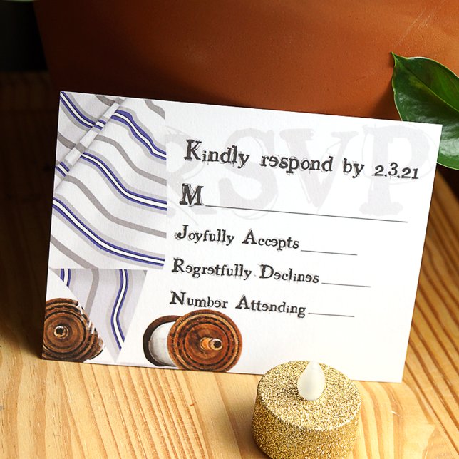 Conseil Carte RSVP Tallit Bar Mitzvah (bar mitzvah rsvp card with blue and white striped tallit and scrolls, paper enclosure card)
