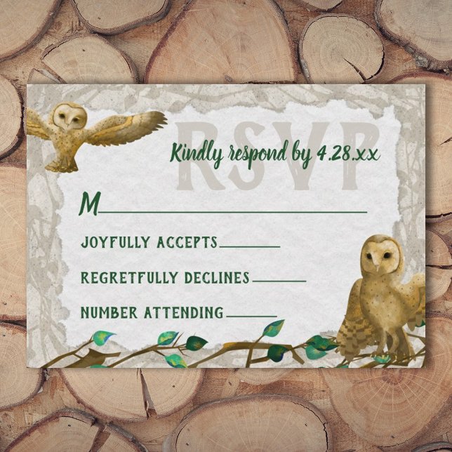 Conseil Chouettes, Green Leafy Rustic Bar Mitzvah carte RS (rustic beige green bar mitzvah rsvp card owl nature forest, green script writing, leafy green leaves)