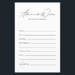 Conseil Et Souhaits Minimalistes Des Mariages De F<br><div class="desc">Vous cherchez une façon simple et élégante de recueillir des conseils et des souhaits pour les jeunes mariés à leur douche nuptiale ou réception de mariage? Ne cherchez pas plus loin que cette Minimaliste Fête des mariées Mariage Conseils et Voeux Carte! Le design noir et blanc est à la fois...</div>