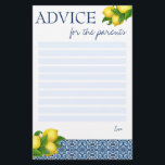 Conseil jeux de baby shower pour la carte parents<br><div class="desc">Conseils de baby shower pour les parents jeu Amalfi Positano tuiles bleues et citrons baby shower méditerranéen,  peut également être utilisé pour une douche nuptiale - seulement substitut à "pour la mariée"</div>