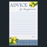 Conseil jeux de baby shower pour la carte parents<br><div class="desc">Conseils de baby shower pour les parents jeu Amalfi Positano tuiles bleues et citrons baby shower méditerranéen,  peut également être utilisé pour une douche nuptiale - seulement substitut à "pour la mariée"</div>