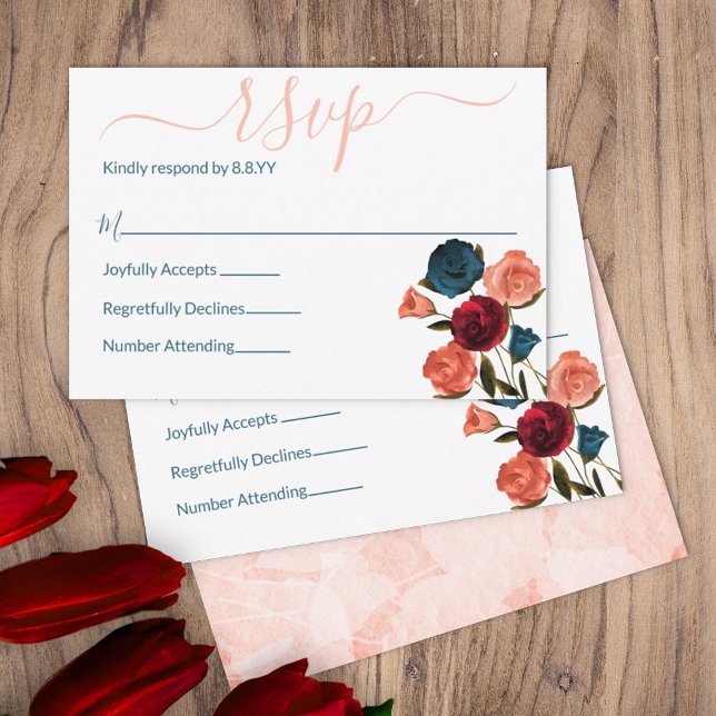Conseil Poche, Bourgogne, Roses verts Turquoises Carte con (summer sangria wine burgundy red peach wedding rsvp enclosure cards outdoor garden wedding botanical)
