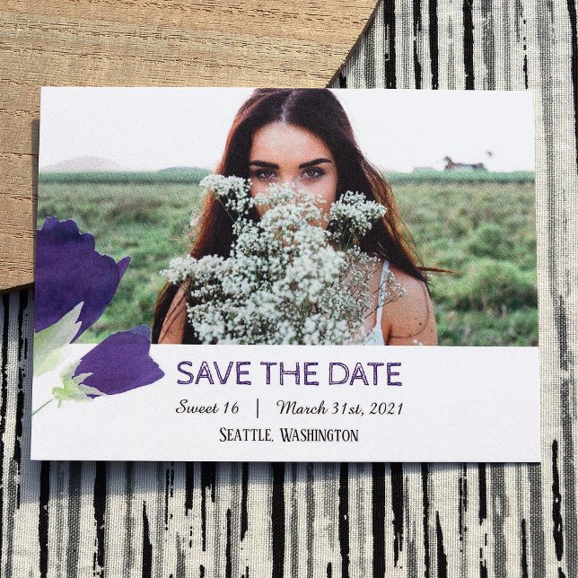 Conseil Purple Tulips Sweet 16 Enregistrer la carte de dat (Purple sweet 16 save the date postcard, purple tulips with purple stripes)