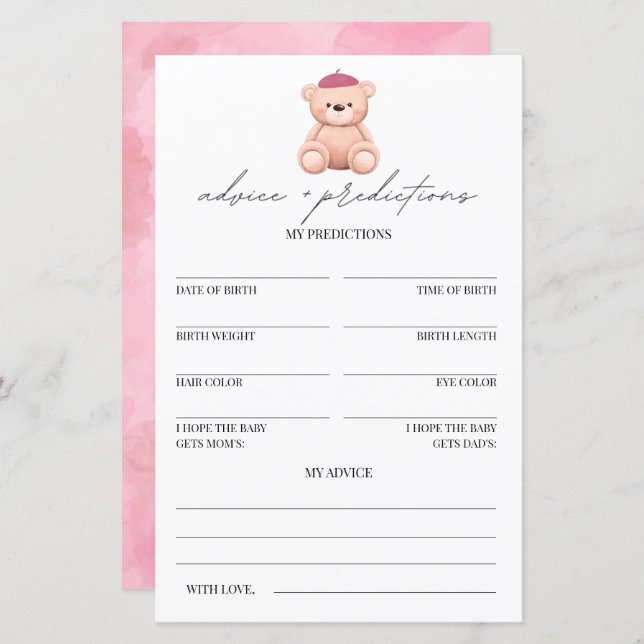 Conseils et prédictions Bonjour Bebe Baby shower (Devant / Derrière)