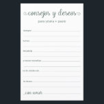 Conseils et souhaits Espagnol<br><div class="desc">Ces draps simples, de couleur eucalyptus, modernes, minimes, écrits à la main Espagnol Conseils & Voeux/Consejos y Deseos sont parfaits pour avoir une douche nuptiale, un dîner de répétition ou des invités mariages remplir pour le couple heureux. Les gens vont adorer avoir les invites - ils rendent si facile de...</div>
