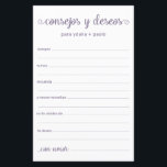 Conseils et souhaits Espagnol<br><div class="desc">Ces draps simples, poussiéreux et violets, modernes, minimes, écrits à la main Espagnol Conseils & Voeux/Consejos y Deseos sont parfaits pour avoir une douche nuptiale, un dîner de répétition ou des invités mariages pour le couple heureux. Les gens vont adorer avoir les invites - ils rendent si facile de laisser...</div>