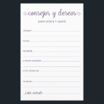 Conseils et souhaits Espagnol<br><div class="desc">Ces draps simples, poussiéreux et violets, modernes, minimes, écrits à la main Espagnol Conseils & Voeux/Consejos y Deseos sont parfaits pour avoir une douche nuptiale, un dîner de répétition ou des invités mariages pour le couple heureux. Les gens vont adorer avoir les invites - ils rendent si facile de laisser...</div>