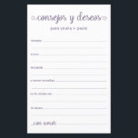 Conseils et souhaits Espagnol<br><div class="desc">Ces draps simples, poussiéreux et violets, modernes, minimes, écrits à la main Espagnol Conseils & Voeux/Consejos y Deseos sont parfaits pour avoir une douche nuptiale, un dîner de répétition ou des invités mariages pour le couple heureux. Les gens vont adorer avoir les invites - ils rendent si facile de laisser...</div>