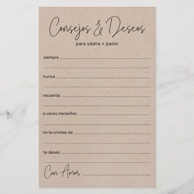 Conseils et Vœux de Mariage Espagnol (Devant)