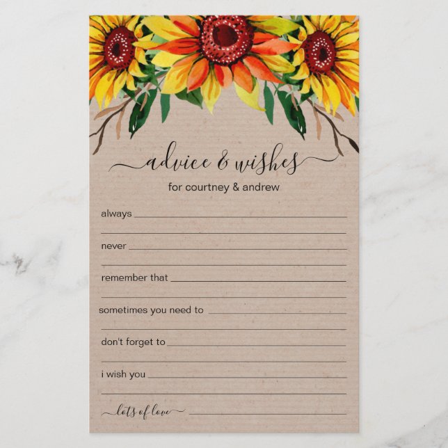 Conseils et Vœux de Mariage Tournesols Rustiques  (Devant)