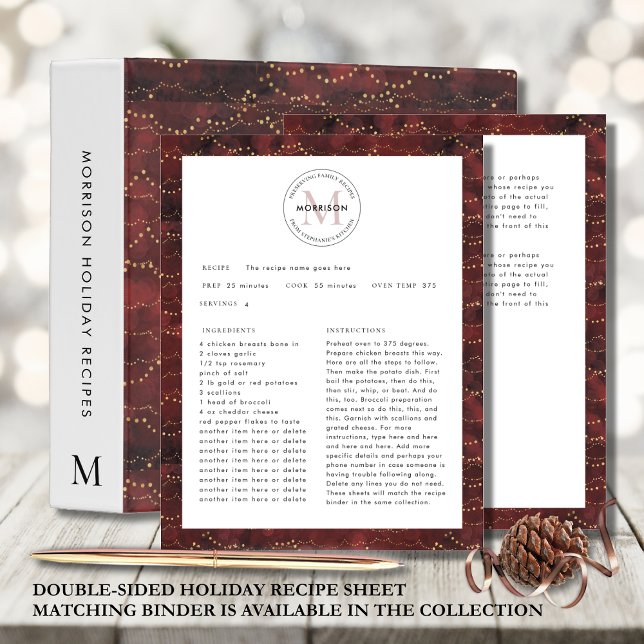 Conservation des Recettes de Famille Fiche de Rece (Double-Sided Burgundy Christmas Recipe Sheet Preserving Family Recipes Designed for 3-Hole Punch)