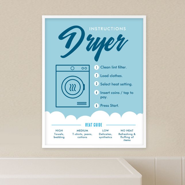 Consignes pour sèche-linge - Affiche pour laverie  (Fully editable blue and white tumble dryer instructions poster template)