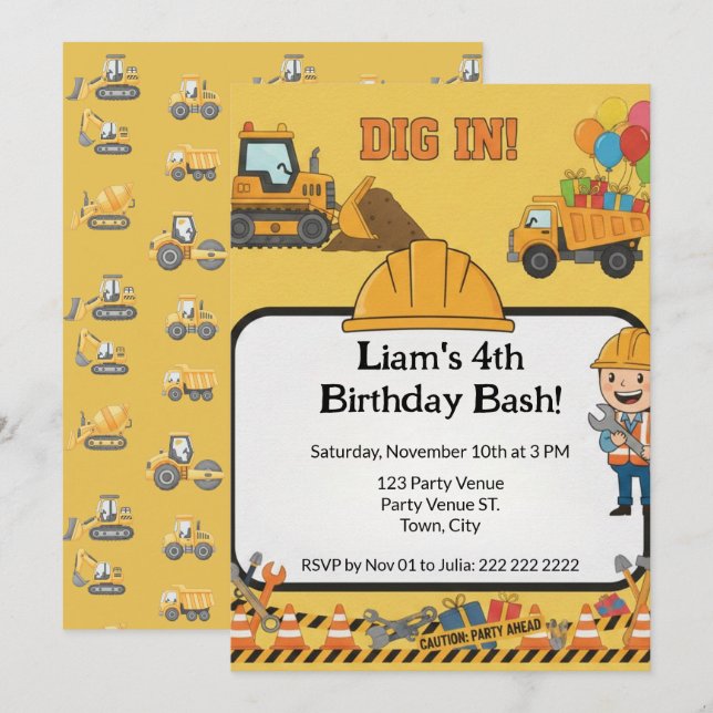 Construction 4th Birthday Invitation | Boy Truck  (Devant / Derrière)
