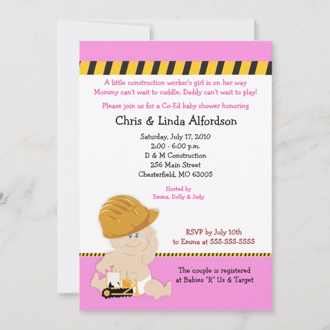 CONSTRUCTION Baby shower OUVRIER Invitation 5x7 (Devant)