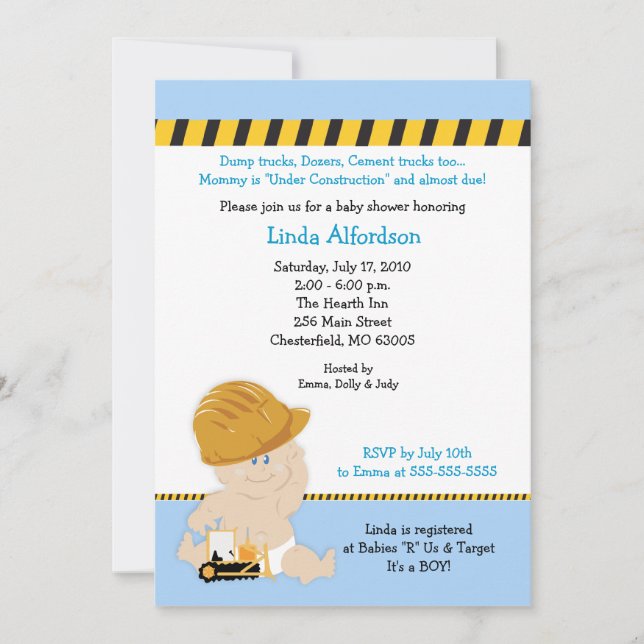 CONSTRUCTION Baby shower OUVRIER Invitation 5x7 (Devant)
