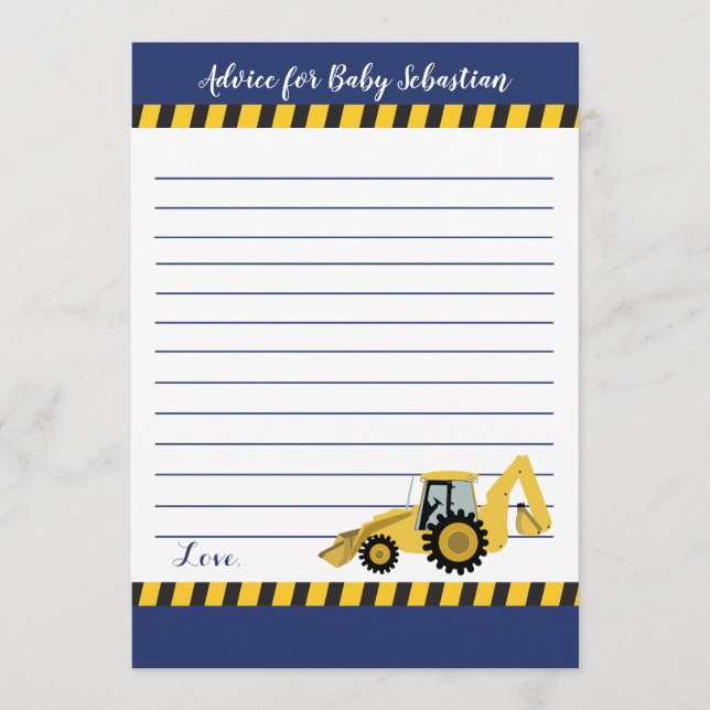 Construction Backhoe Boy Baby shower Cartes de con (Devant)