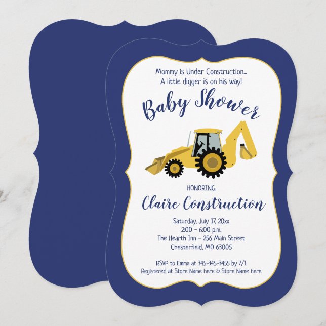 Construction Backhoe Boy Baby shower Invitation (Devant / Derrière)