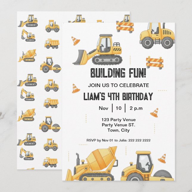 Construction Birthday – Boy's 1st Party Invitation (Devant / Derrière)