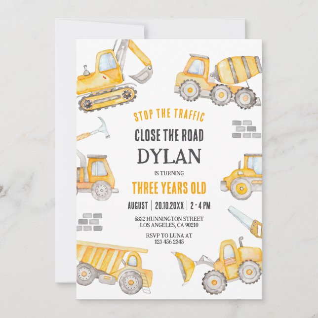 Construction Boy Birthday Invitation (Devant)