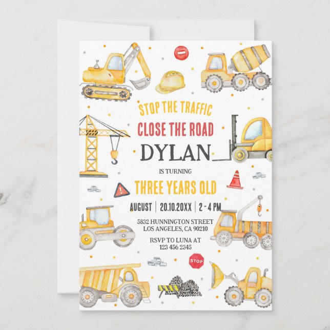 Construction Boy Birthday Invitation (Devant)
