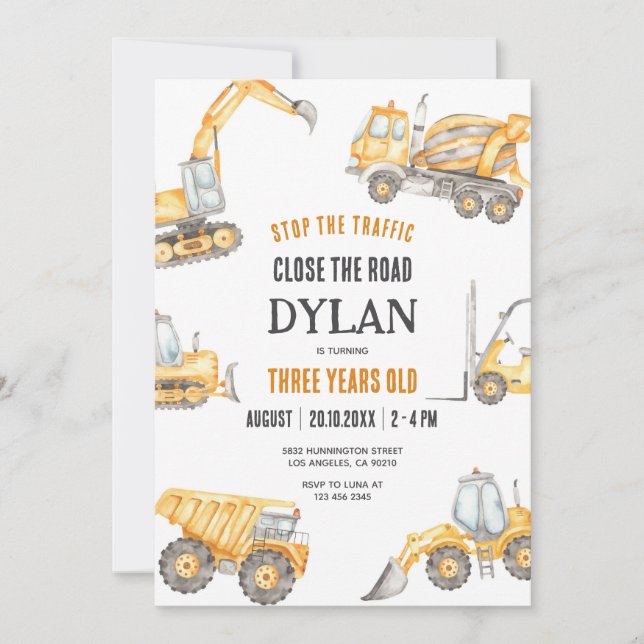 Construction Boy Birthday Invitation (Devant)