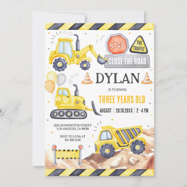 Construction Boy Birthday Invitation (Devant)