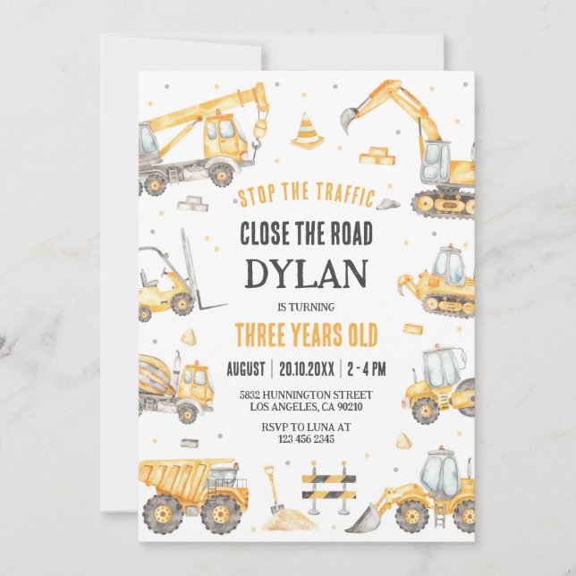 Construction Boy Birthday Invitation (Devant)