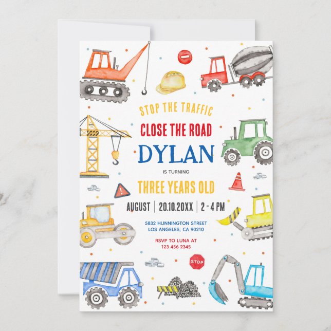 Construction Boy Birthday Invitation (Devant)
