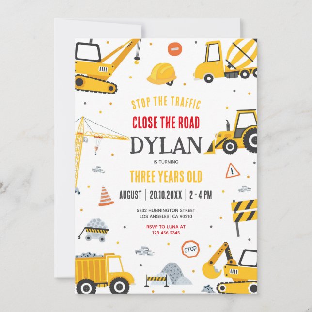 Construction Boy Birthday Invitation (Devant)