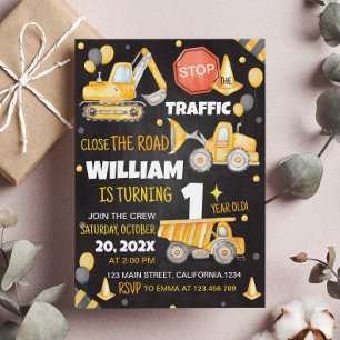 Construction Camions 1er anniversaire Invitation