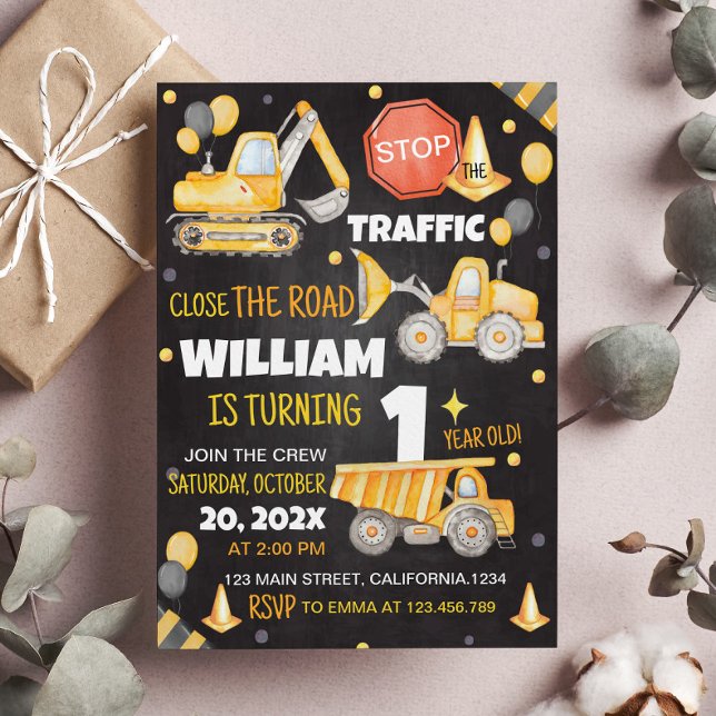 Construction Camions 1er anniversaire Invitation (Créateur téléchargé)