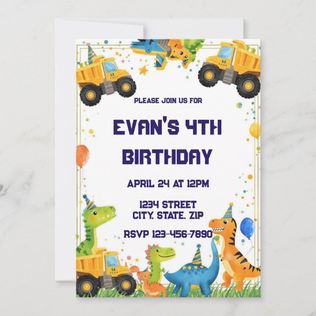 Construction Dinosaur Birthday Invitation Dump (Devant)