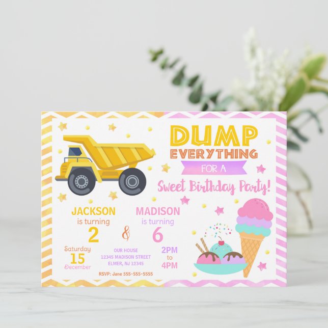 Construction & Ice Cream Joint Birthday Invitation (Debout devant)