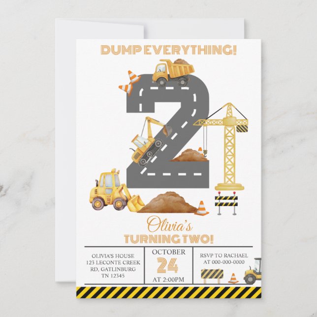 Construction Truck 2nd Birthday Invitation (Devant)